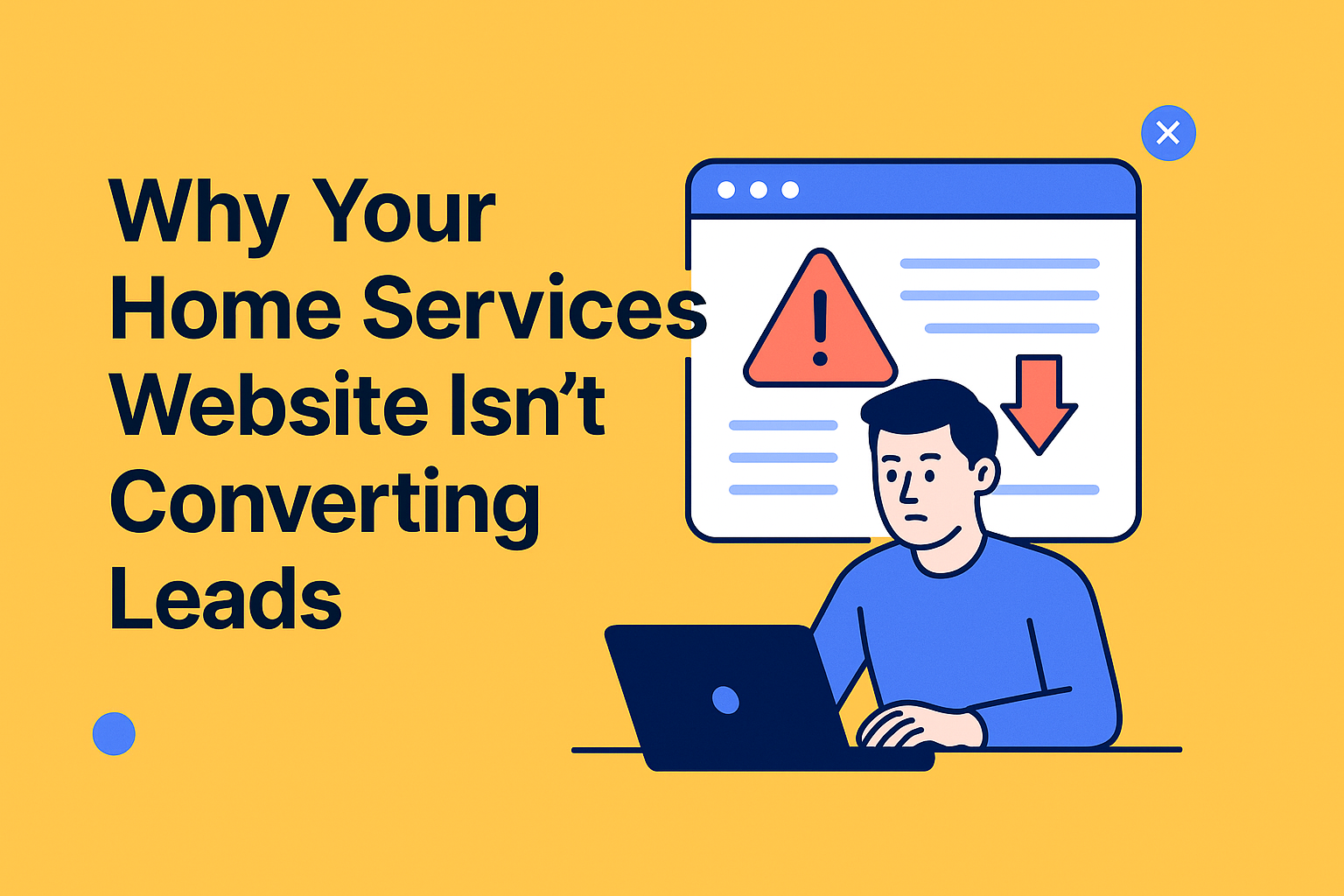 Illustration of a man using a laptop with website error signs, highlighting why a home services website fails to convert leads