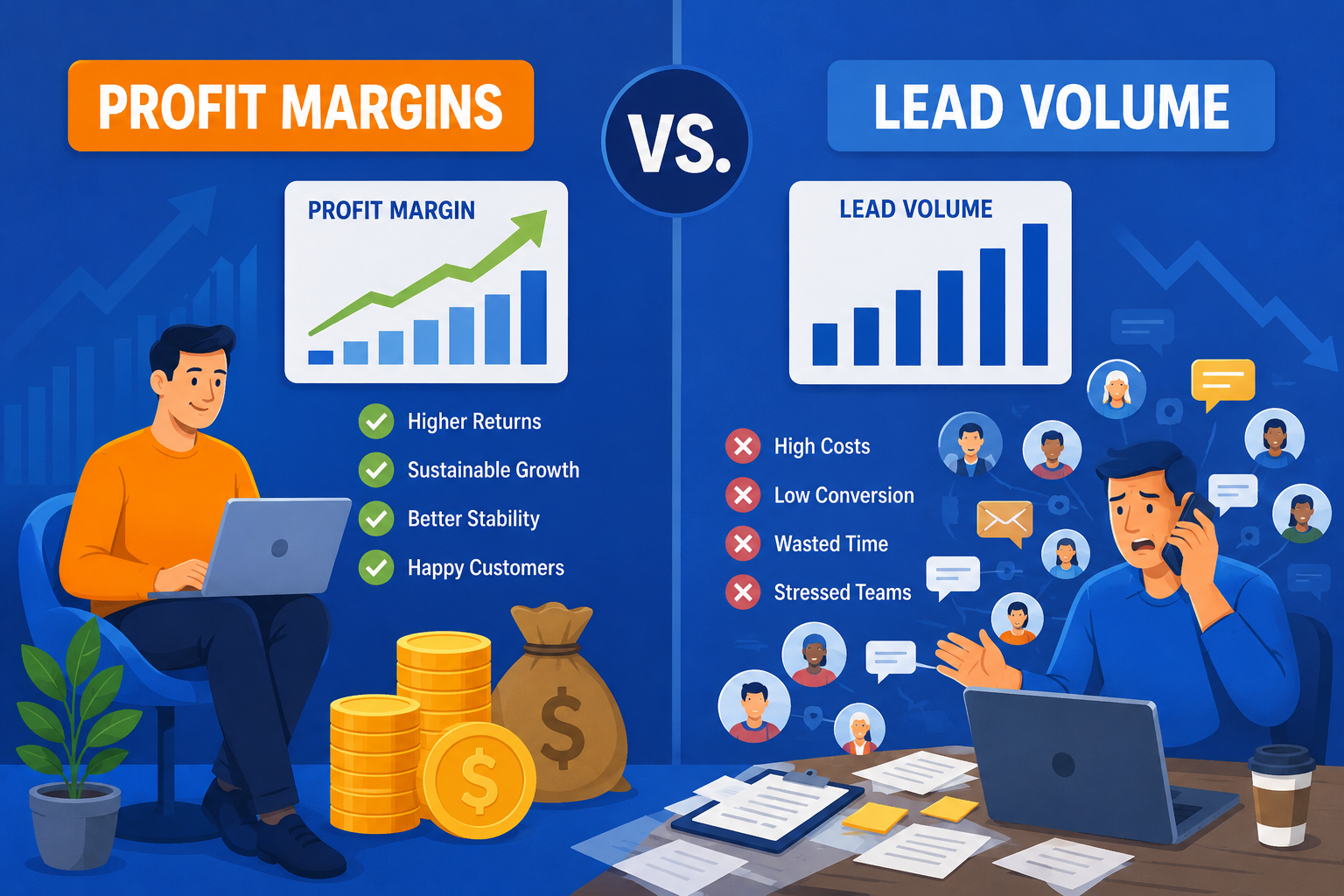 Business team analyzing profit margins and lead volume metrics with charts, qualified leads, and revenue growth strategy for service businesses.